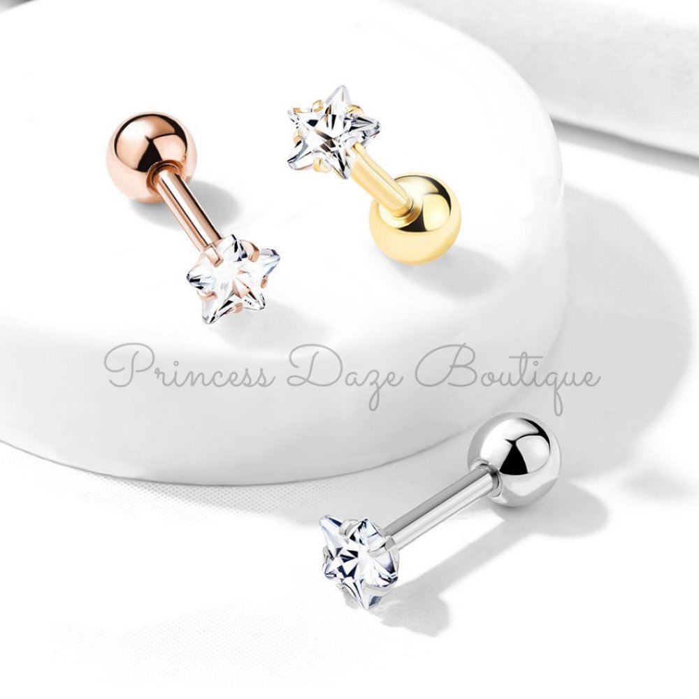 Prong Set Star CZ‎ Cartilage / Tragus Barbell Stud Earrings